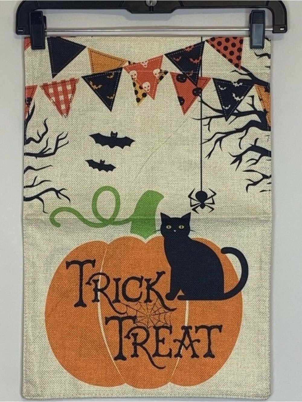 Trick Treat Halloween Pumpkin Garden Flag with Black Cat